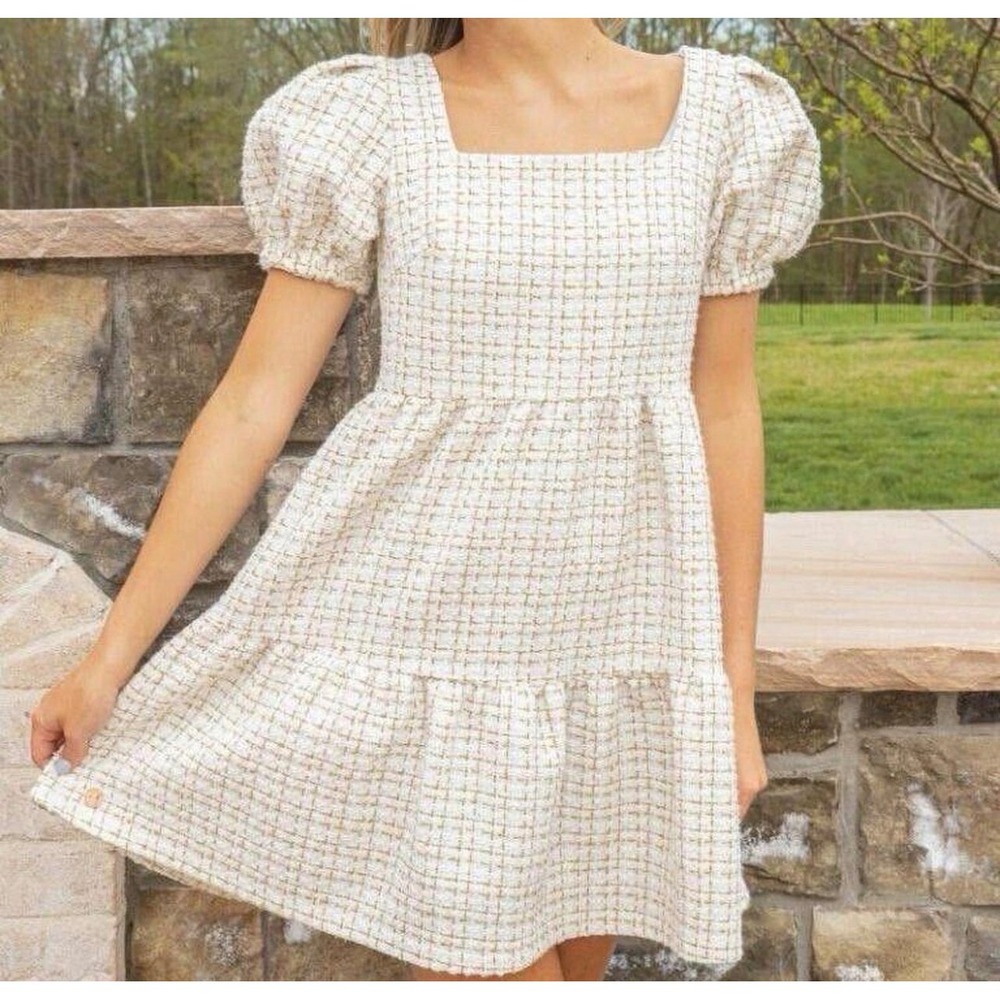 Simply Southern White Gold Metallic Tweed Tiered Puff Sleeve Mini Dress Medium